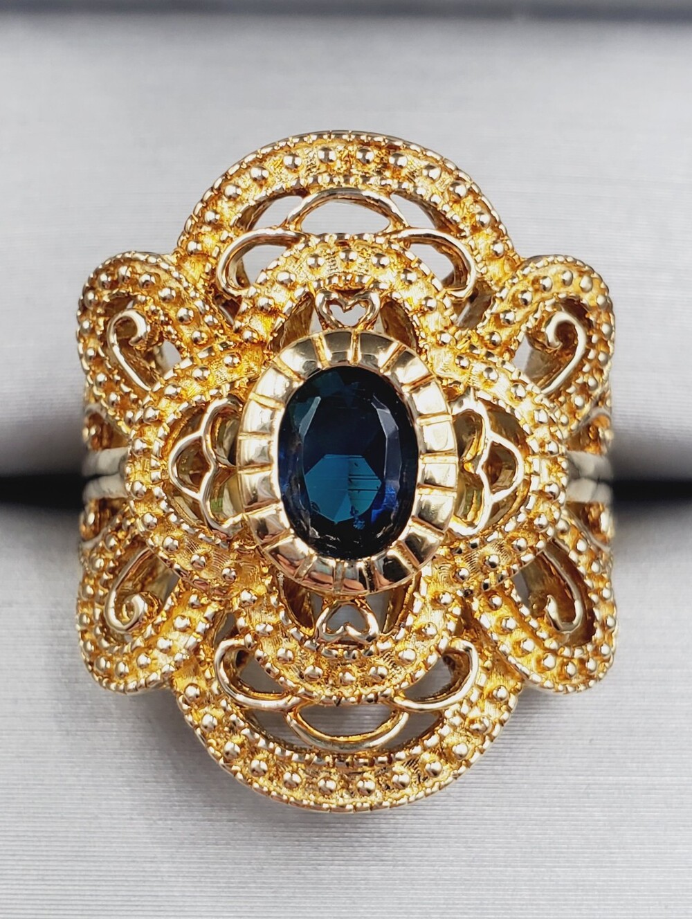 Filigree Blue Sapphire Simulant Statement Ring – Yellow Gold | 925 Silver